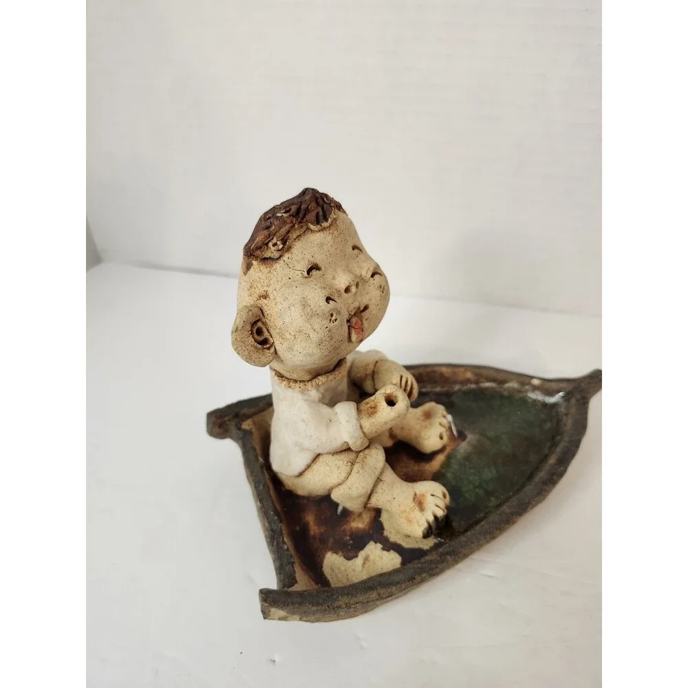 Vintage Korean Clay Pottery Figurine Boy Fishing